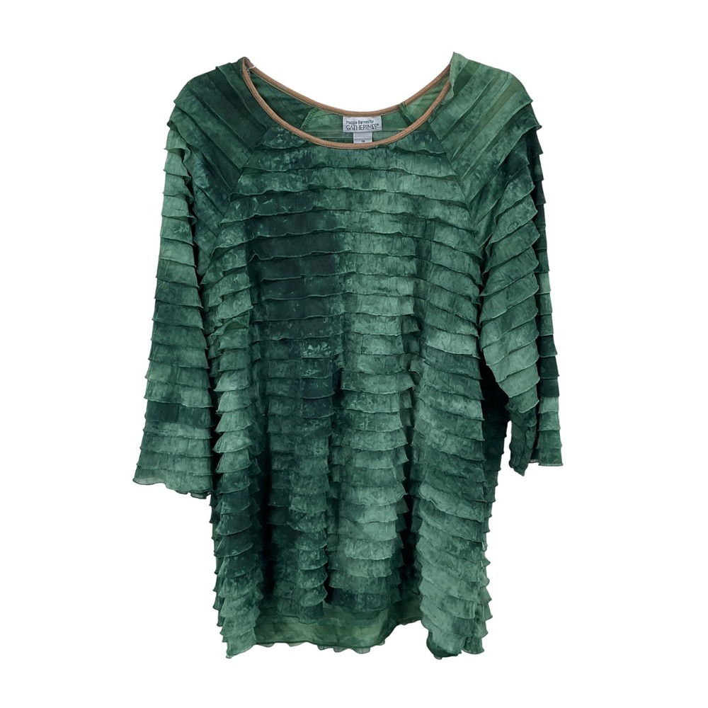 Maggie Barnes Catherines Blouse Womens 1X Green Ruffle Tiered Boho 3/4 Sleeve